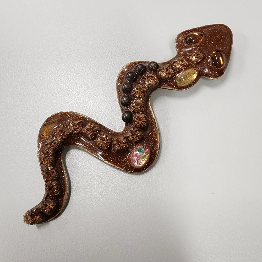 Brown Glitter Resin Snake Brooch Pin Embedded Rhinestone Statement Serpent
